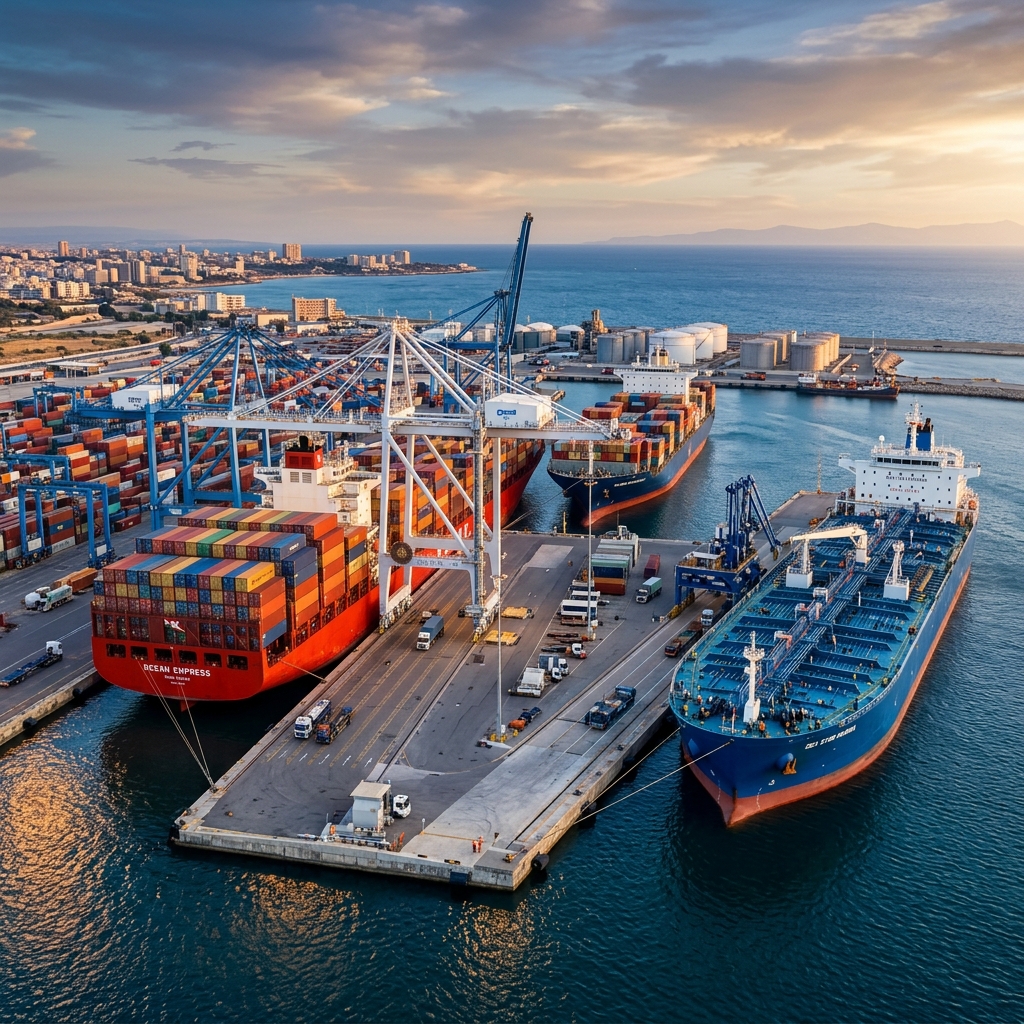 International shipping port at sunrise
